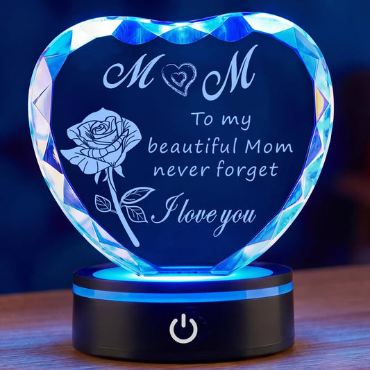 Ghtixsu Heart Shaped Crystal Plaque for Mom, Laser Engraved Gift with Color Changing LED Light Base, Mothers Day Birthday Christmas Gift from Daughter Son