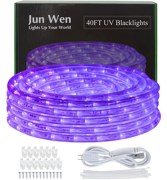 JUNWEN BlackLights LED Rope Strip Lights, 110V Outdoor Black Lights Kit, Waterproof 432LEDs 40FT Flexible Purple Rope Light for Birthday Halloween Stage Fluorescent Dance Party Home Decoration