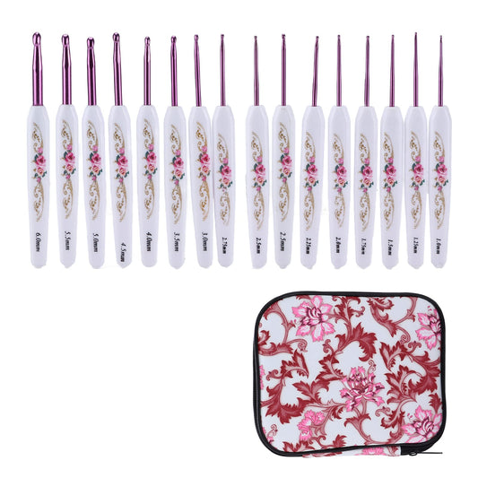 Crochet Hooks Needles,16 Pcs Cute Needles for Arthritic Hands,Extra Long Chinese Style Crochet Hook Set Flower Pattern Ergonomic Soft Grips Knitting Hook for Crochet Yarn Craft (Pink)