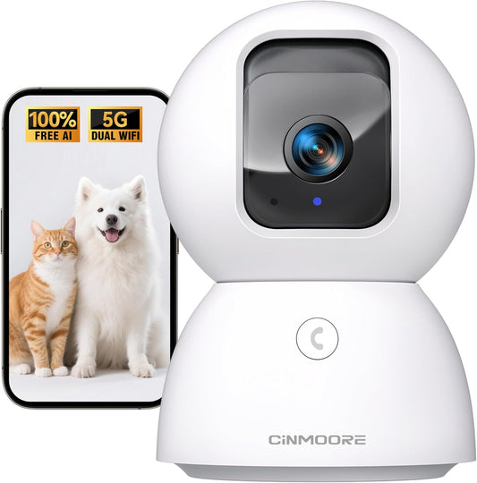 CINMOORE 3K 5G 2-Way Upgraded Security Camera Indoor, Free Time Lapse, AI Tracking & Face ID, PTZ WiFi Dog/Pet/Baby