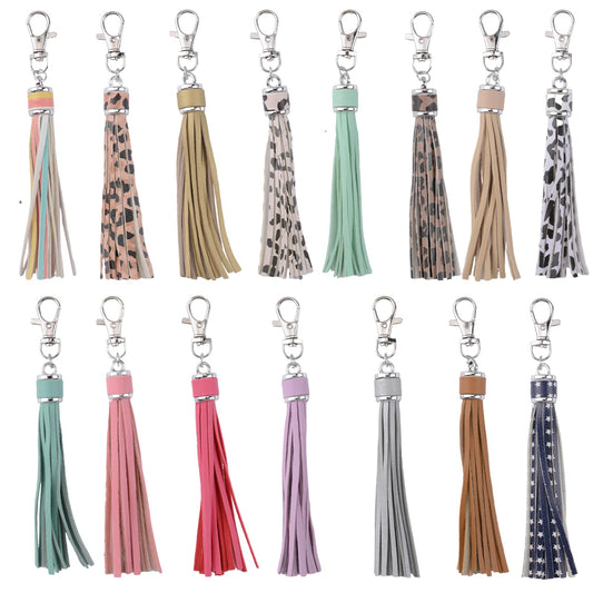 URROMA 15Pcs Faux Leather Tassel Pendant, Colourful Artificial Leather Tassels with Silver Lobster Buckle DIY Keychain and Craft Bag Decor Supplies