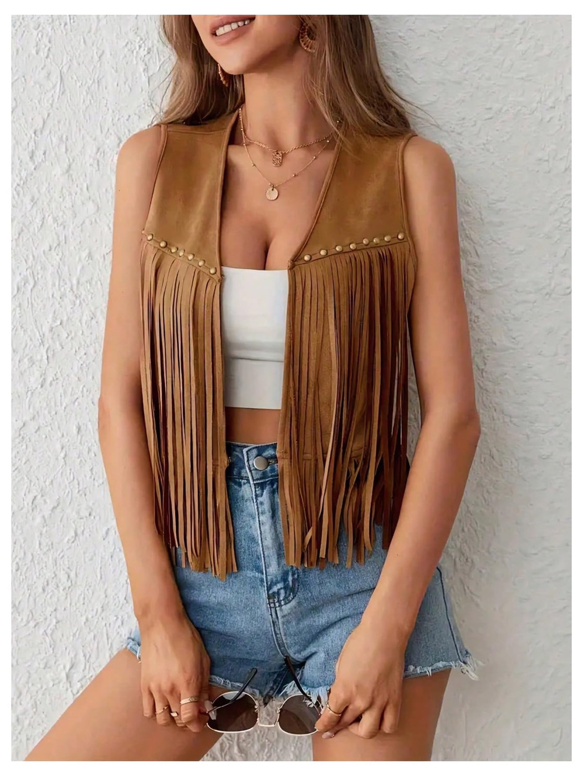 GORGLITTER Women's Western Fringe Vest Jackets Sleeveless Cowgirl 70s Hippie Faux Suede Cropped Jacket Rodeo Outfits Khaki Medium