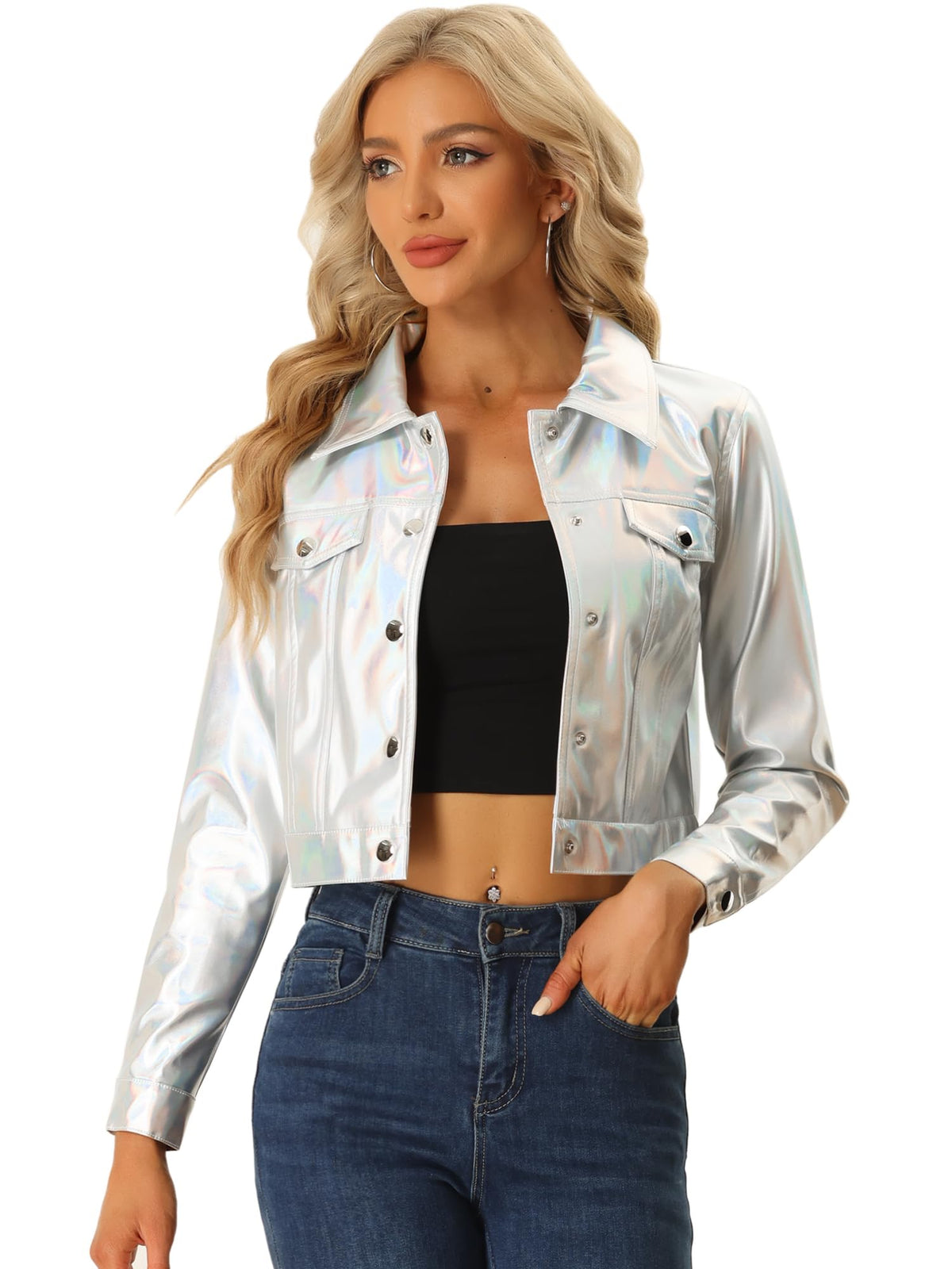 Allegra K Metallic Jacket for Women Moto Biker Jacket Holographic Shiny Crop Party Jackets Large Silver