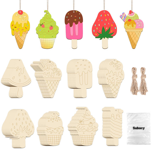 Subacy 80 PCS Unfinished Wood Cutouts 8 Styles DIY Wooden Spring Ornaments, Wooden Art Craft Painting Kit for Kids, Birthday Easter Creativity Arts & Crafts, Ice Cream Shape