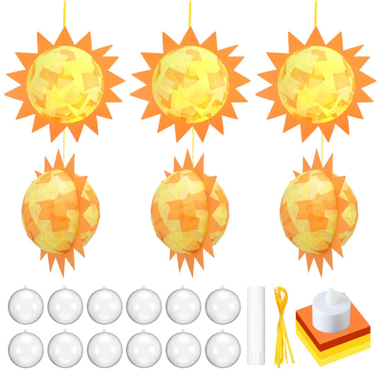 Simgoing 12 Set Sun Craft Kits with LED Candlelight Gold Sun DIY Art Tissue Paper Craft Summer Hanging Ornaments 3D Suncatcher Decoration for Summer Home School Classroom Party Decoration Art Activity