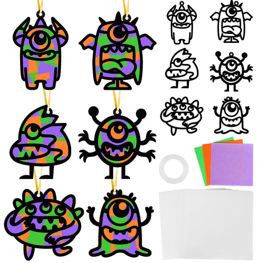 Qyeahkj 36 Set Halloween Monster Suncatchers Crafts for Kids DIY Monster Window Tissue Paper Craft Kit Hanging Decor for School Classroom Activity Art Project Holiday Home Birthday Party Favor Gift