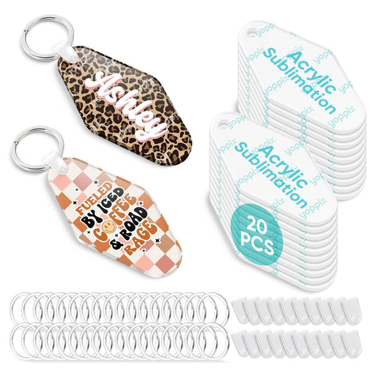 YOPPIX 60 Pcs Sublimation Acrylic Motel Keychain Blank kit, with 20 Fixing Clips and 20 Key Rings for Heat Transfer Keychain Bag Decor Room Labels Hotel Key Tags Home Gift Crafts Supplies