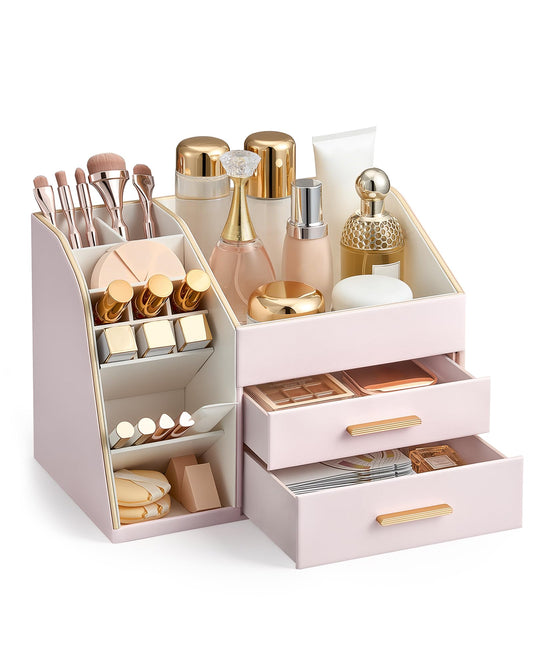 Lolalet Makeup Organizer Countertop with Drawers, Easy to Clean PU Leather Storage Box, 3-Layer Cosmetic Holder for Skincare, Lipstick, Perfume & Brush, Display Case for Vanity Dresser Bathroom - Pink
