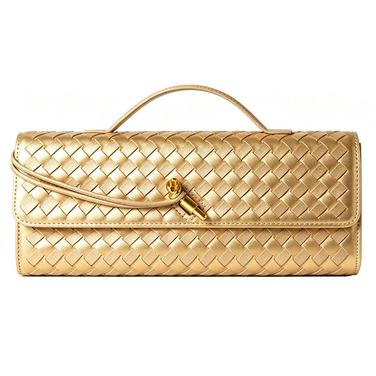Hoochie Masa Woven Clutch Purse for Women Designer Shoulder Handbag Leather Crossbody Evening Bag with Detachable Chain (Gold)