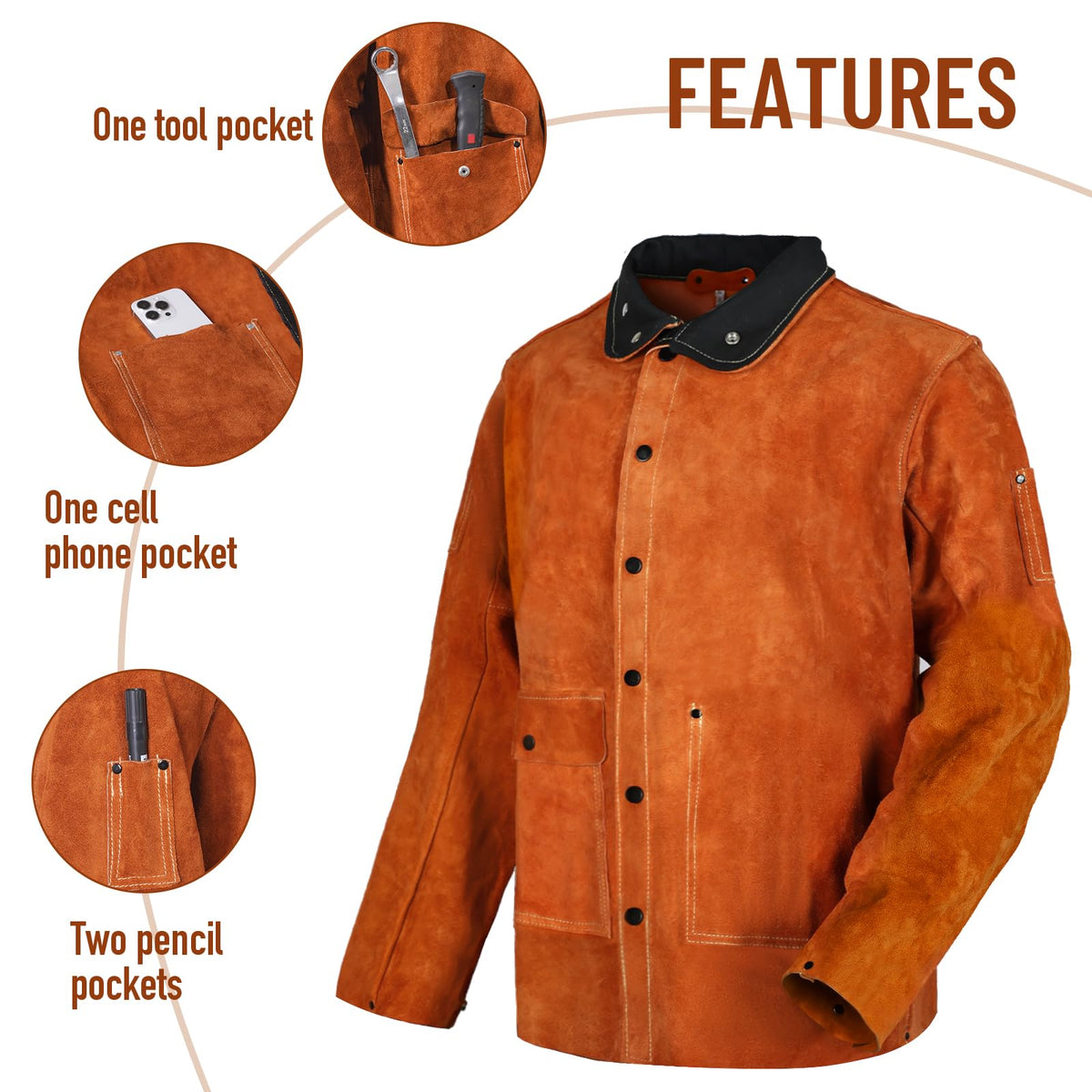 Leather Welding Work Jacket by QeeLink - Flame-Resistant Heavy Duty Split Cowhide Leather (Medium)