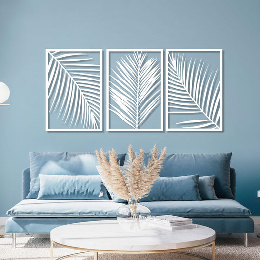 Gasijet Metal Palm Leaves Wall Decor, Metal Leaves Wall Decor, Palm Leaf Art, Line Art Nature Plant Wall Art, Set of 3, Wall Decorations for Living Room, Bedroom (White, 39 x 19 in / 96 x 47cm)