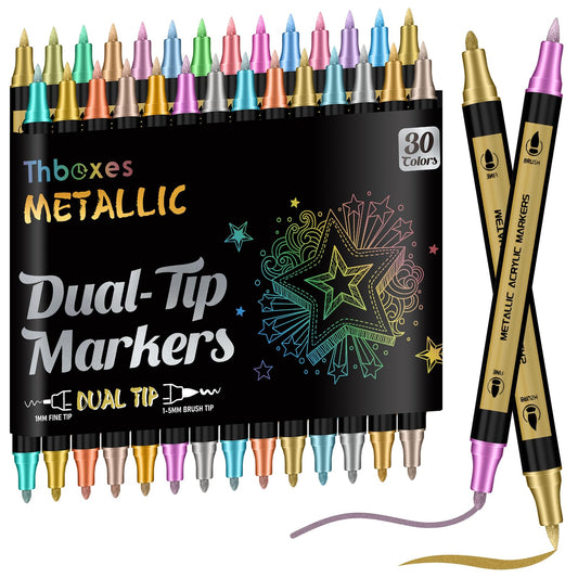 Thboxes 30 Colors Metallic Marker Pens, Dual Tip Acrylic Paint Pens for Scrapbook Black Paper Rock Painting Craft Card for Wood Glass Ceramic Scrapbook Supplies DIY Arts & Crafts