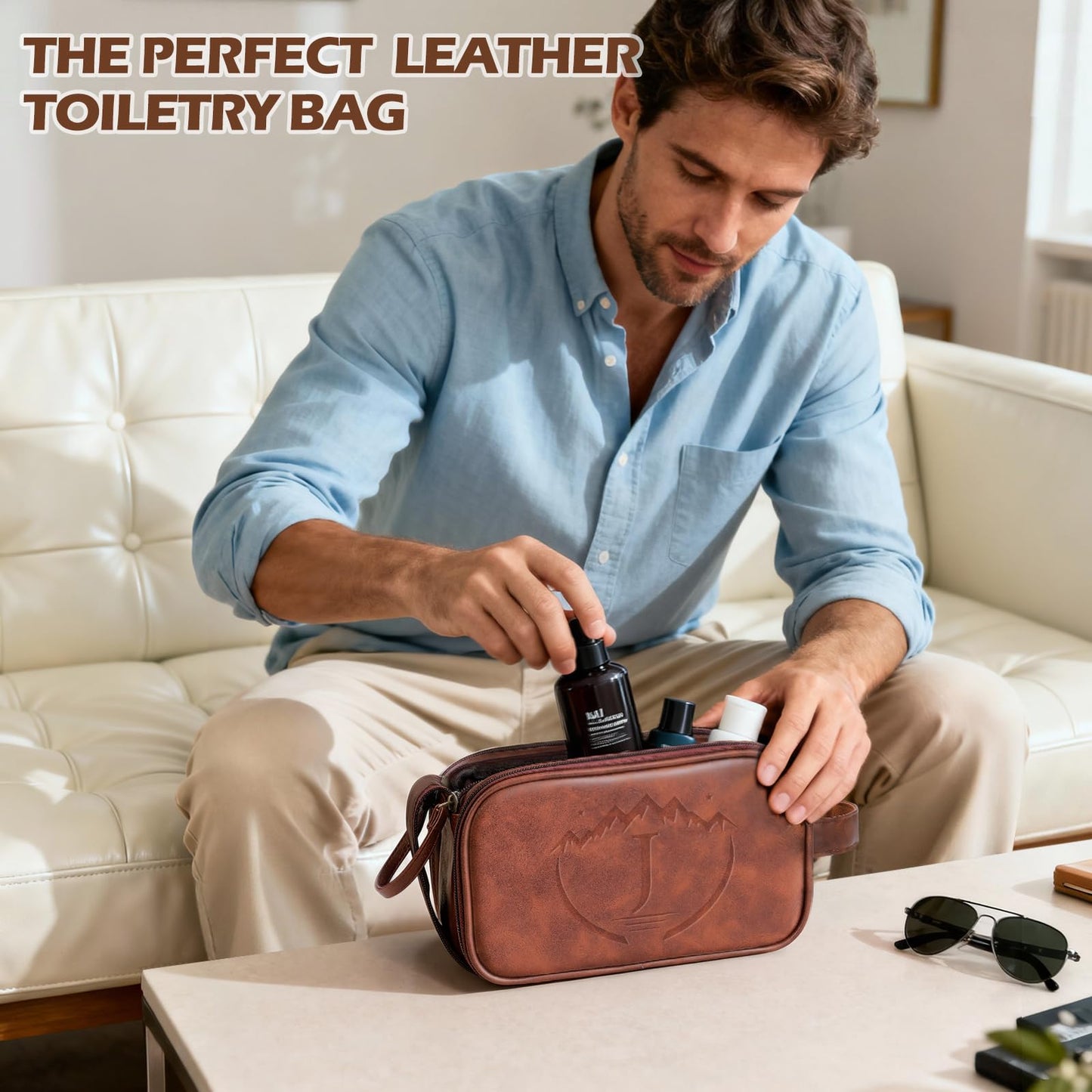Ecttunafe Engraved Father Day Gifts Toiletry Bag for Men Dad Husband, Custom Initial PU Leather Waterproof Toiletry Organizer Dop Kit Shaving Bag Travel Essentials, Large, Durable, Brown,J