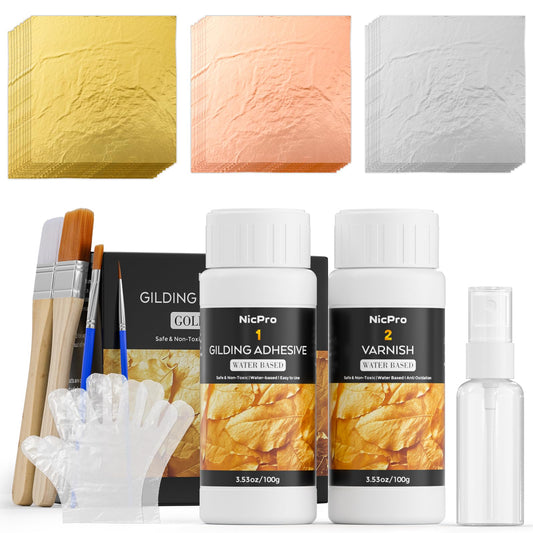Nicpro Gold Leaf Gilding Adhesive Set, 100ml Water Based Glue and 100ml Varnish, 200 pcs Gold Leaf/Rose Gold/Silver Leaf Sheets for Arts, Painting, Craft, Furniture and Decoration with 4 Brushes