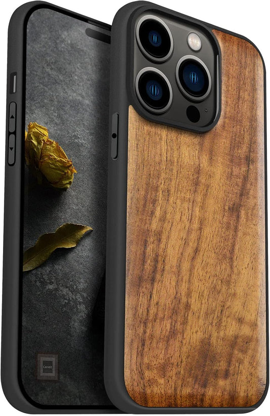 Carveit 14 Magnetic Wood Case for iPhone Pro - Natural Wood & Black Soft TPU - Shockproof Protective Cover - Unique