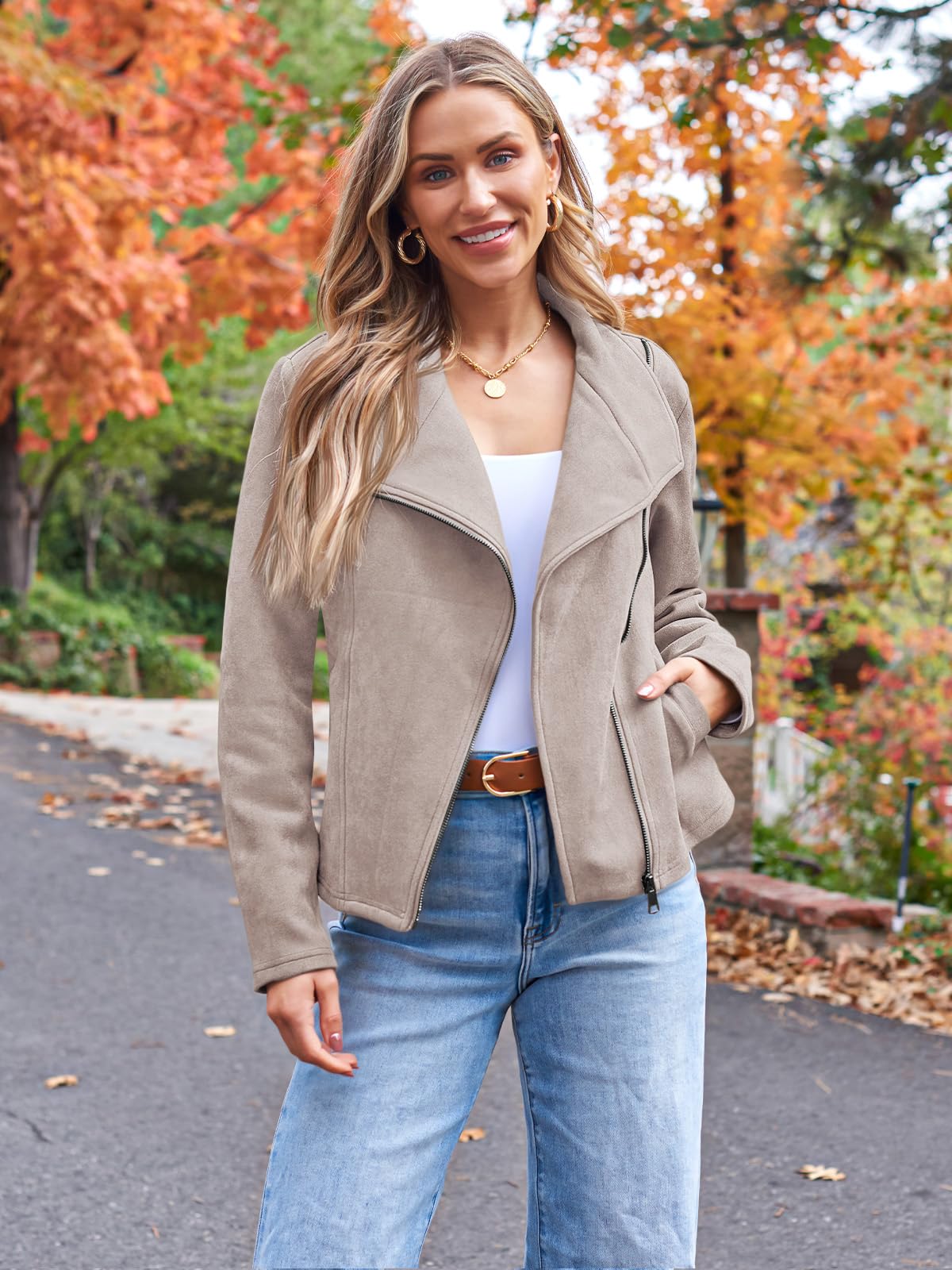 AUTOMET Women's Faux Suede Leather Jacket Cropped Open Front Cardigan Buttery Soft Lightweight Fall Coat Apricot XS