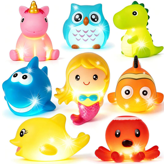 Bath Toys for Toddlers Baby 8 Pack Light Up Toys - Bathtub Toy Flashing Colourful LED Light Shower Bathtime for Kids Infants Shark, Clown Fish, Owl, Unicorn, Octopus, Dolphin, Dinosaur Mermaid