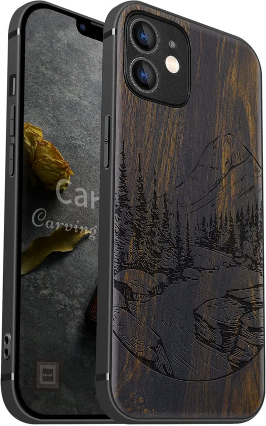 Carveit 12 Magnetic Wood Case for iPhone Case [Natural Wood & Black Soft TPU] Shockproof Protective Unique Wooden Cover