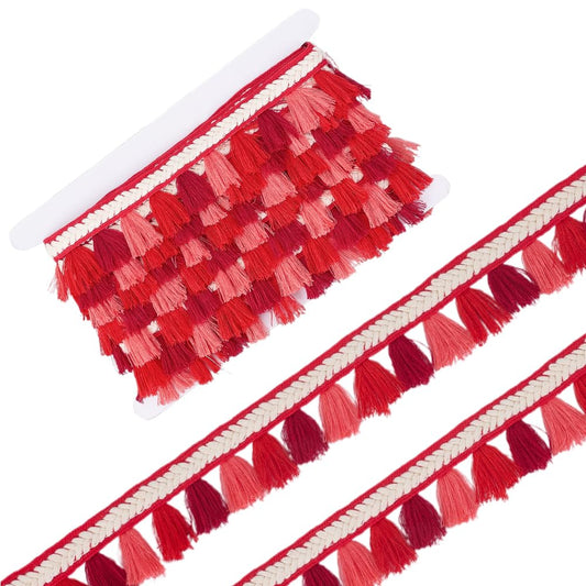 CABODYALS 1.5 Inch Red Fringe Trim Polyester Lace Tassels Braid Ribbons Boho Ethnic Sewing Fringe Braided Ribbon Trims for Sewing Making DIY Clothing Crafts Home Decor Curtain Pillow Carpet Bed Supply