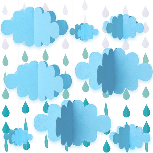 16 PCS 3D Cloud Decoration Blue Hanging Clouds and Raindrop for Cloud Ornaments Hanging Ceiling Decor for Party Nursery Children Room Ceiling Decorations