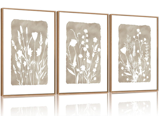 FWIEXA Neutral Botanical Canvas Wall Art Set 3, Minimalist Boho Wildflowr Framed Prints, Beige Floral Paintings, 24x36In Rustic Plant Artwork Poster for Farmhouse, Gift, Living Room, Bedroom, Office