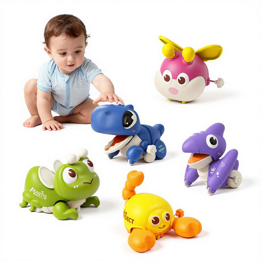 bessome Wind Up Crawling Baby Toys Set, Cute Animal Push and Go Car Toys for 18 Months, Montessori Early Learning Toys for Boys & Girls 2 3 4 Years Old, Hand-Eye Coordination & Crawling Training Gift