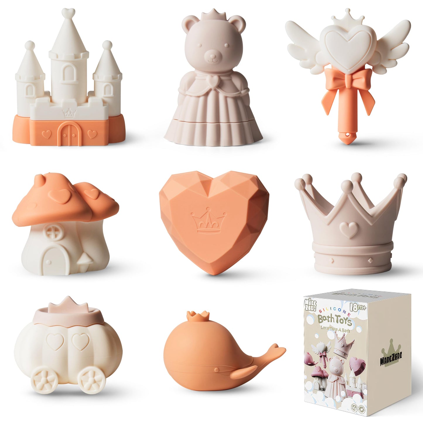 MarcZero Princess Silicone Bath Toys 8Pcs for Toddlers Kids Babies,Bathtub Water Toys,Soft Squeezable Easy-Grip Pool Toys Set (Peach)