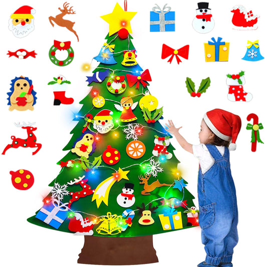 3.7 Ft Felt Christmas Tree for Toddlers, Stocking Stuffers for Kids with Colorful Lights 34 Ornaments Xmas Gifts for Grandkids Boys Girls New Year Supplies Wall Hanging Christmas Party Decorations