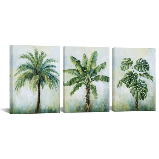 KREATIVE ARTS Tropical Plant Wall Art Set of 3 12x16 Inch Palm Banana Leaf Monstera Canvas Prints Green Botanical Artwork for Bedroom Bathroom Kitchen Office Decor Ready to Hang