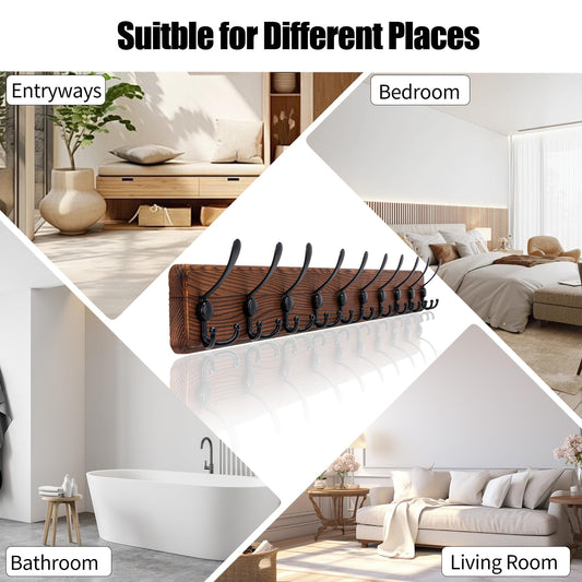 Gohiuo Rustic 38.6" Large Coat Rack Wall Mount, Long Wood Coat Hooks with 10 Triple Hooks, Heavy Duty Wooden Coat Hanger Wall Mount for Entryway, Farmhouse Hanging Jackets, Coats, Hats, Bags,Towel