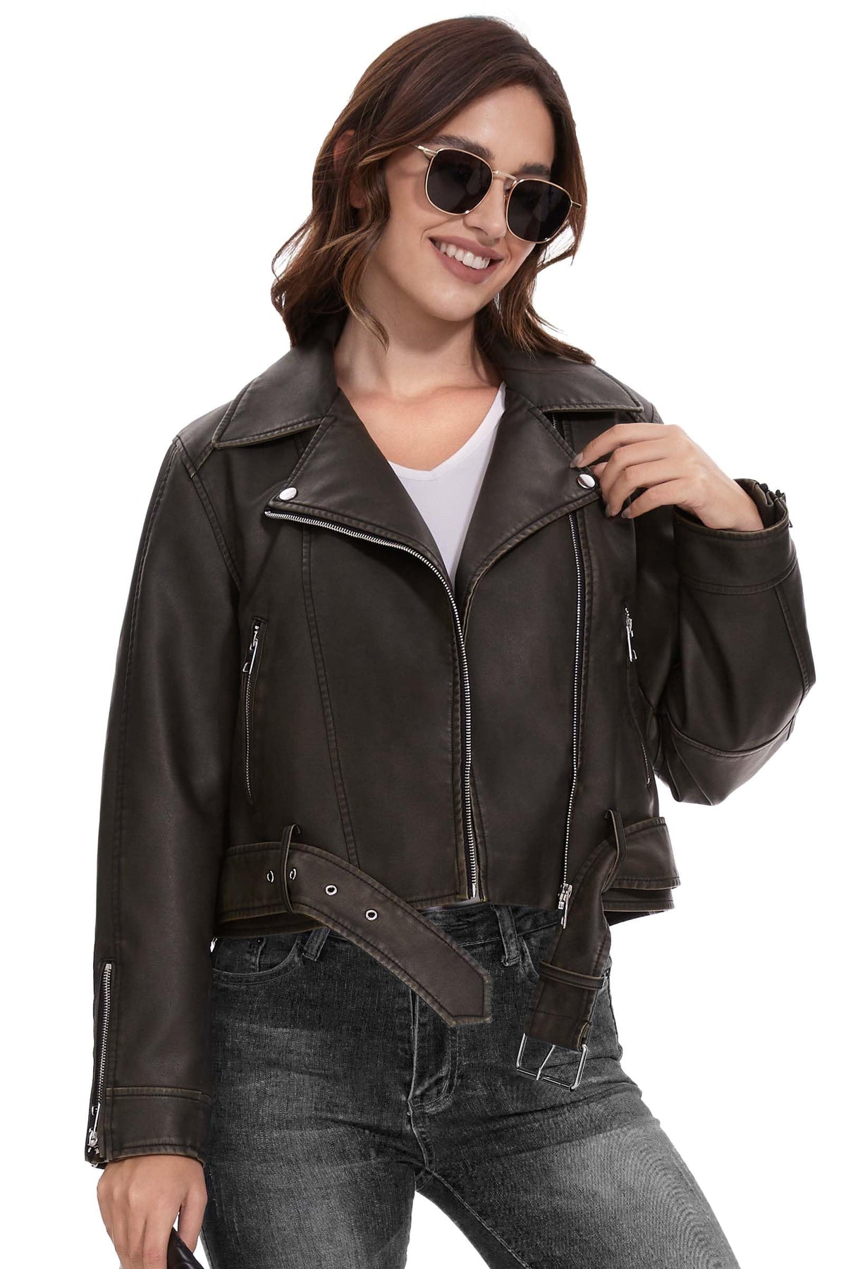 Fahsyee Women's Faux Leather Jacket, Moto Belted Biker Coat, Black XXL