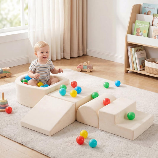 Tiita Foam Climbing Blocks with Small Ball Pit Playground for Baby, Climb and Crawl Playset 5-Piece - Indoor Soft Play Climber for Playtime Fun, Beige