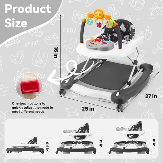 RefoereBabe Baby Walker, 5 in 1 Baby Walkers for Boys Girls 6-12 Months, Foldable Walkers for Babies with Bouncer & Feeding Tray, Music, Adjustable Heights, Activity Walker for Infant