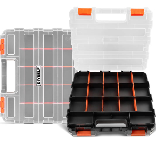 DIYSELF Tool Box, Double-Sided 34-Compartment Tool Organizer, Small Parts Organizer with Adjustable Space, Clear-Lid Small Storage Box for Hardware, Crafts, Beads, Jewelry and Fishing Accessories