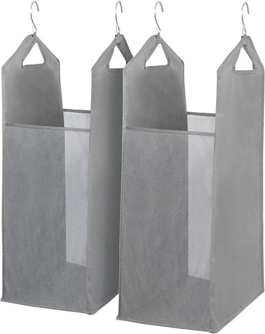 Storage Maniac 2-Pack Hanging Laundry Hamper - Slim Double Organizer with Front Mesh Bag - Grey