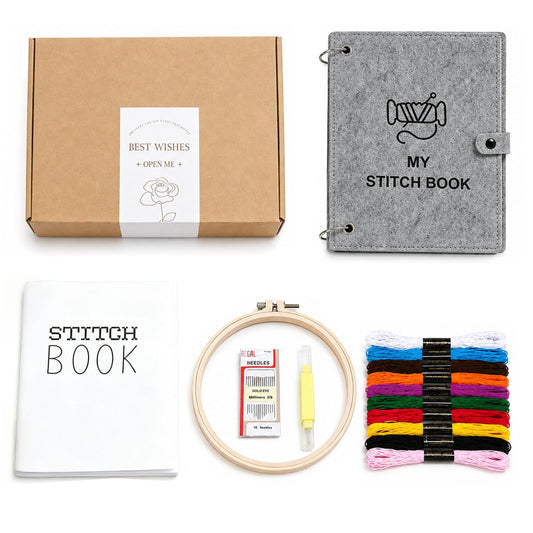 NBNQ Embroidery Stitch Book Kit for Beginners with Portable 10.65"x8.27" Loose-Leaf Cover, Includes 6 Fabric Pages, Complete Toolkit, Instructions and Videos.