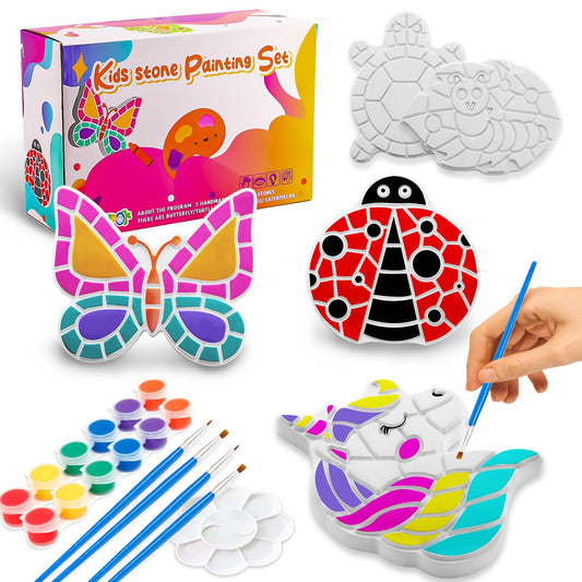 Hdsahdok Stepping Stones Painting Kit for Kids Ages 4-12 - 5 Pack Paint Your Own Garden Stones with Butterfly, Unicorn & Ladybug Designs, Outdoor Art & Craft Activity Set, Summer Craft Kit for Kids