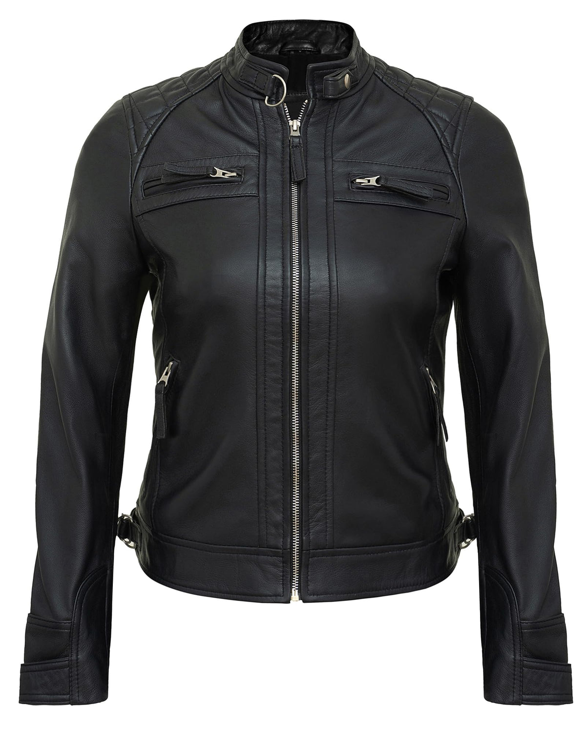 UrbanFocal Womens Leather Jacket Black - Real Lambskin Leather Motorcycle Jackets Women | [101002705] Black Diamond1, XL