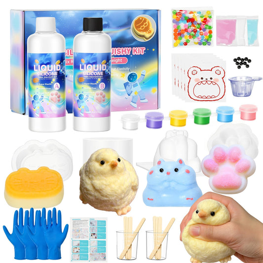 Taba Squishy Maker Kit – DIY Squishy Craft Kit, Silicone Mold Making Set with 18oz AB Silicone Gel, Giant Chick/Paw/Hamster/Cat Molds, Flocking Powder – Stress Relief Craft Gift for Adult