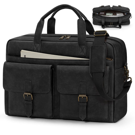 RAINSMORE Messenger Bag for Men 16 Inch Leather Laptop Bags Work Computer Briefcase Vintage Mens Satchel Shoulder Bag for Work, Office, Business, Travel, Black
