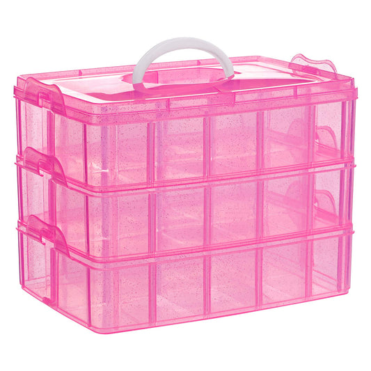 SGHUO Bead Organizers and Storage 3-Tier Pink Craft Container Stackable Box with Dividers for Art Supplies, Washi Tapes, Seed, Hair Accessories, Nail, 9.5X6.5X7.2in