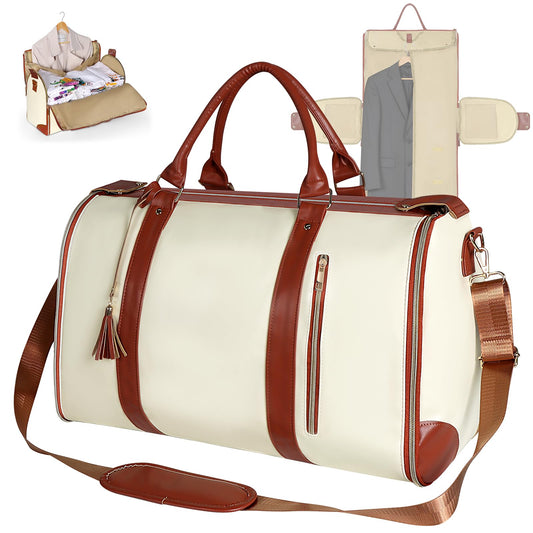 Geestock Garment Bag for Travel, Convertible Carry On Garment Duffle Bags for Women with Shoe Pouch & Detachable Shoulder Strap, Large PU Leather, 2 in 1 Hanging Suitcase Dress Suit Travel Bag, Beige