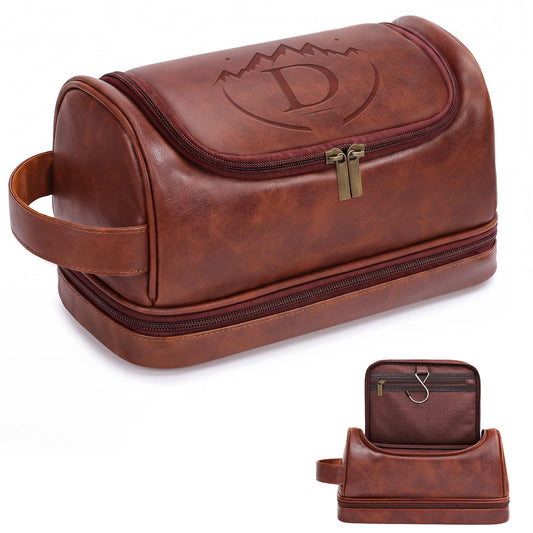 Personalized Gifts Travel Toiletry Bag for Men, Customized Laser- Engraved Mens Birthday Gift PU Leather Waterproof Bathroom Shaving Bag, Unique Anniversary Present for Husband Boyfriend Partner,D