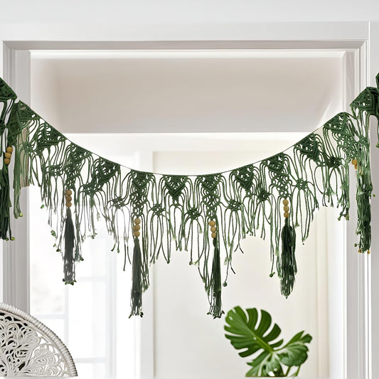 Macravine Macrame Wall Hanging Garland, Green and Cream, Bohemian Style with Wooden Beads, Handwoven Cotton Fringe Banner,44“X12.8” (Green)