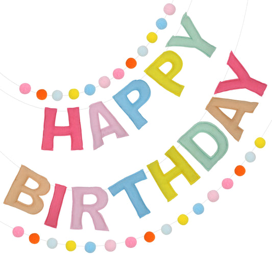 2 PCS Pre-Strung 3D Felt Happy Birthday Banner - Reusable Rainbow Happy Birthday Decorations Sign, Felt Ball Garland, Pom Pom Garland, Party Decor, Photo Prop (MACARON)