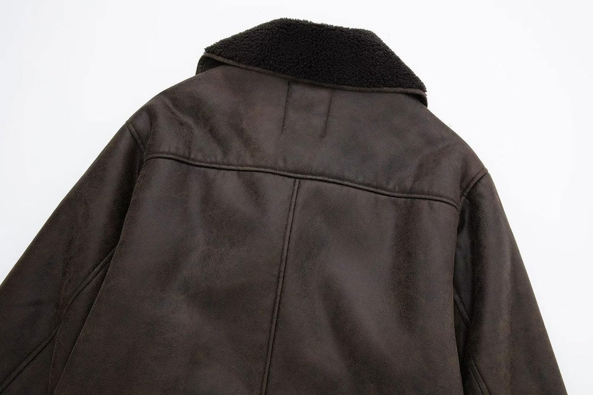 loveimgs Women Thicken Sherpa Lined Faux Suede Jacket Oversized Leather Coat Shearling Fleece Moto Jacket Biker Winter Overcoat (Medium, Brown)