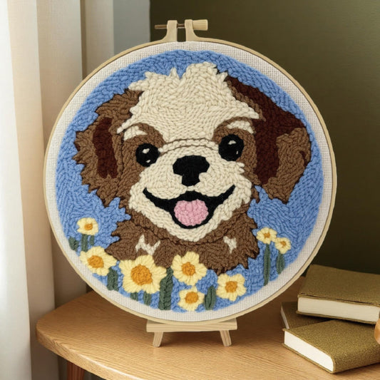 TINKAZ Smiling Dog Punch Needle Kit for Beginners, DIY Embroidery Starter Set with Yarn, Fabric & Hoop, Cute Handmade Needlepoint Craft Kit for Home Décor & Gift