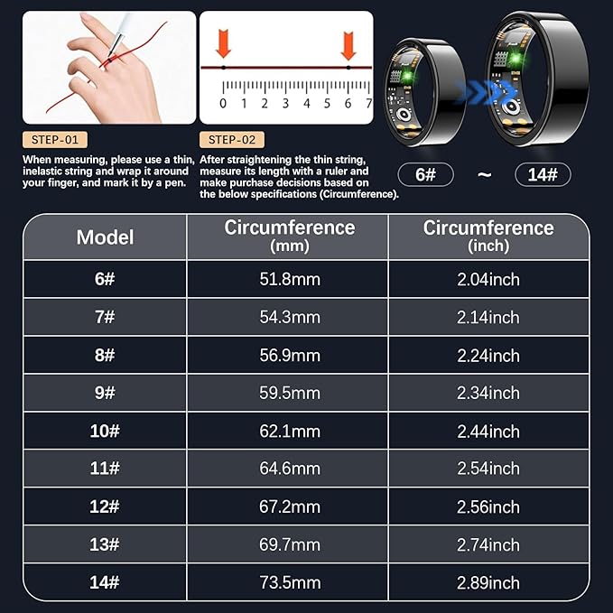 Smart Health Ring for Women Men, Fitness Tracker Ring with Heart Rate, Blood Oxygen, Sleep Tracker, Step Tracker, No Subscription Fee, IP68 Waterproof Smart Ring for iPhone & Android (Black, 13#)