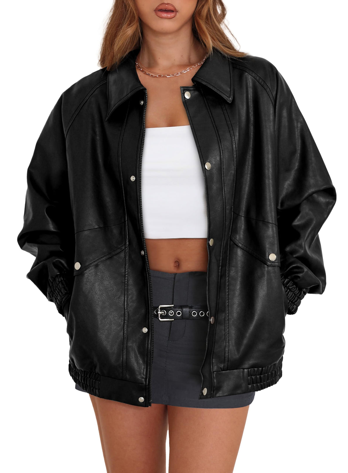 XIEERDUO Black Leather Jacket Womens Fall Fashion 2025 Winter Coats Oversized Trendy Button Zip Up Faux Leather Business Casual Western Outfits XS