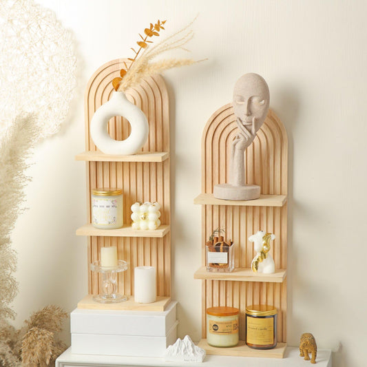 Geetery 2 Pcs Boho Wall Shelf Arch Wooden Floating Shelves Mid Century Rainbow Wall Shelf Hanging Holder Double Vintage Mount Altar Decor for Nursery Bedroom(3 Tier)